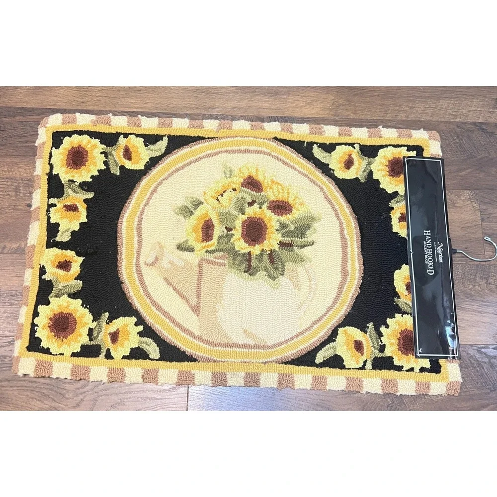 Nourison Hand Hooked Accent Rug 20x33 Sunflower Watering Can Cottagecore Flowers